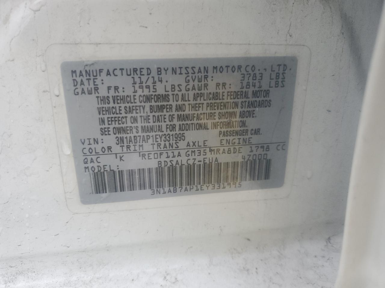 3N1AB7AP1EY331995 2014 Nissan Sentra S