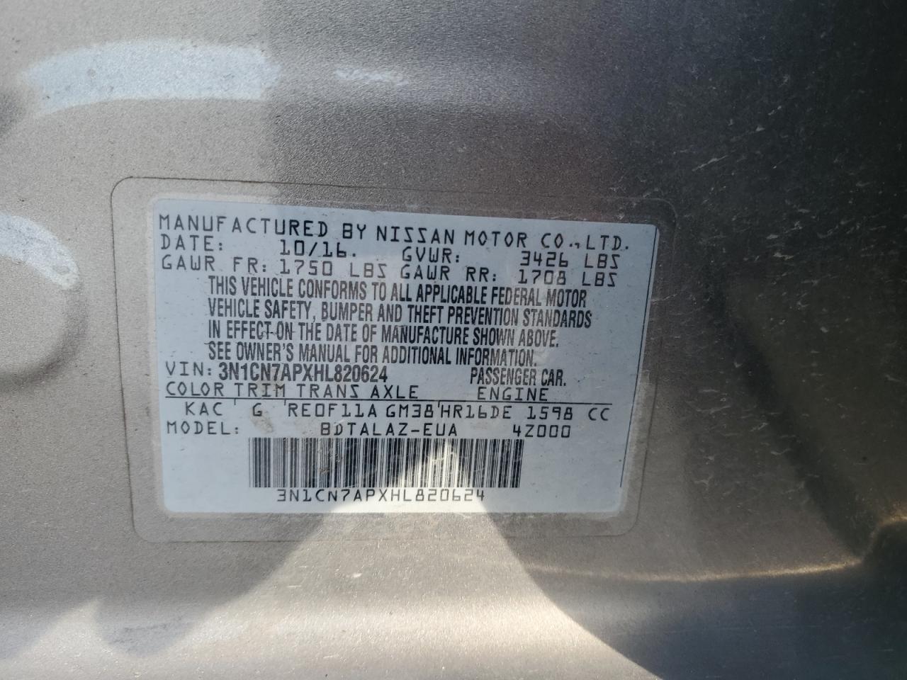 3N1CN7APXHL820624 2017 Nissan Versa S