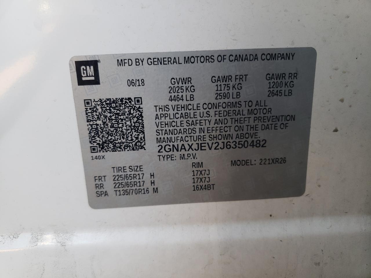 2GNAXJEV2J6350482 2018 Chevrolet Equinox Lt