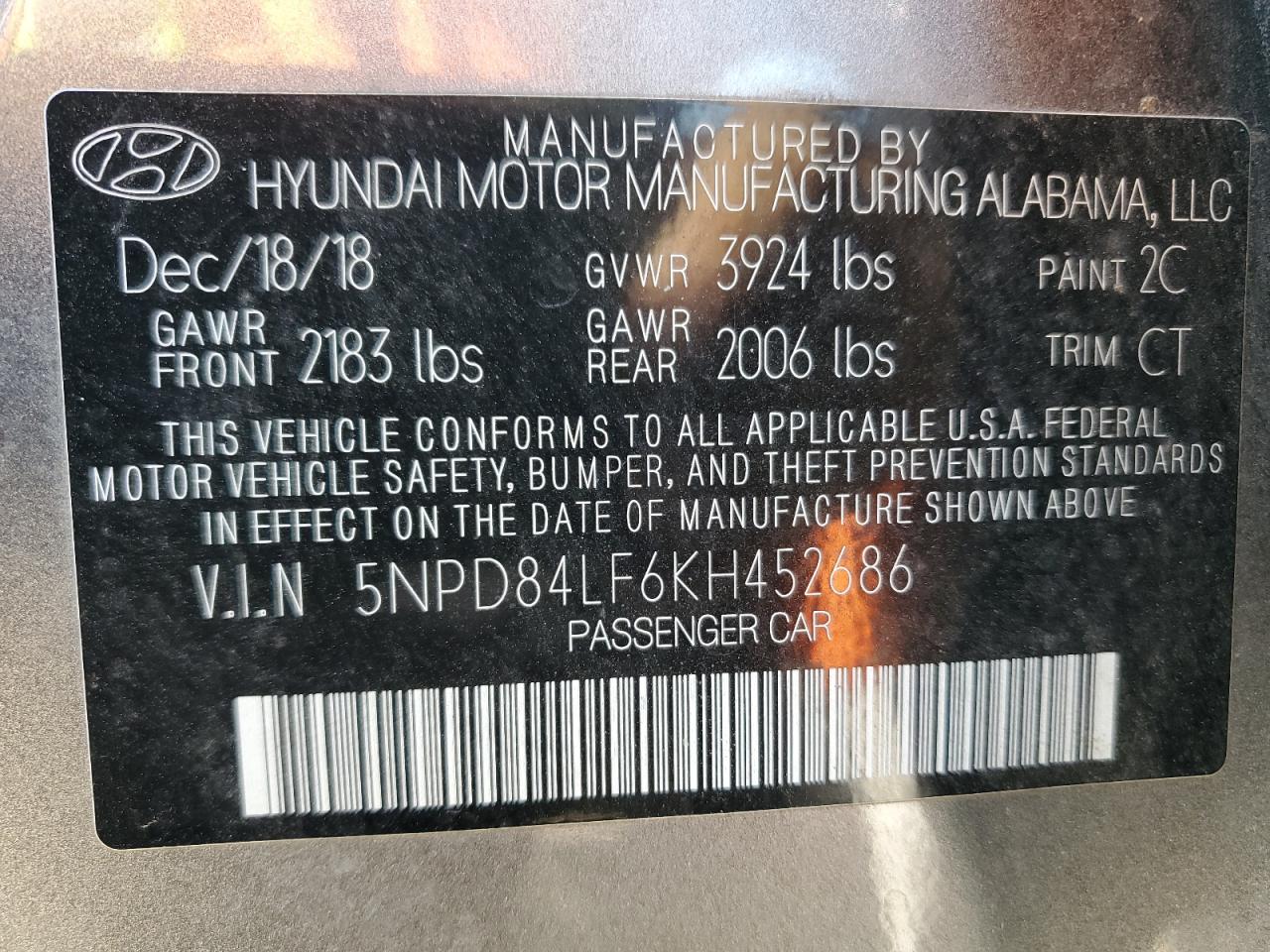 5NPD84LF6KH452686 2019 Hyundai Elantra Sel