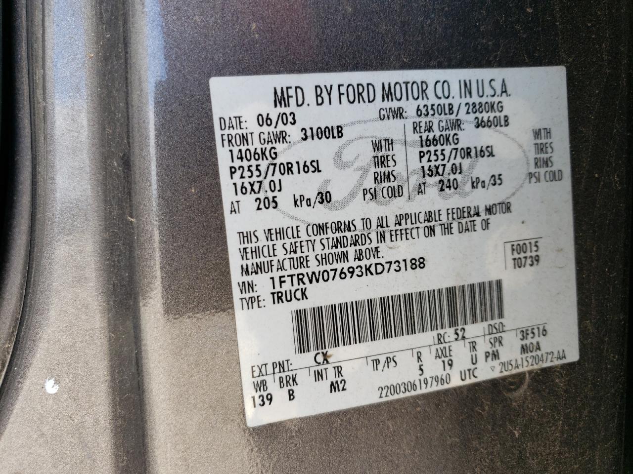 2003 Ford F150 Supercrew VIN: 1FTRW07693KD73188 Lot: 71386064