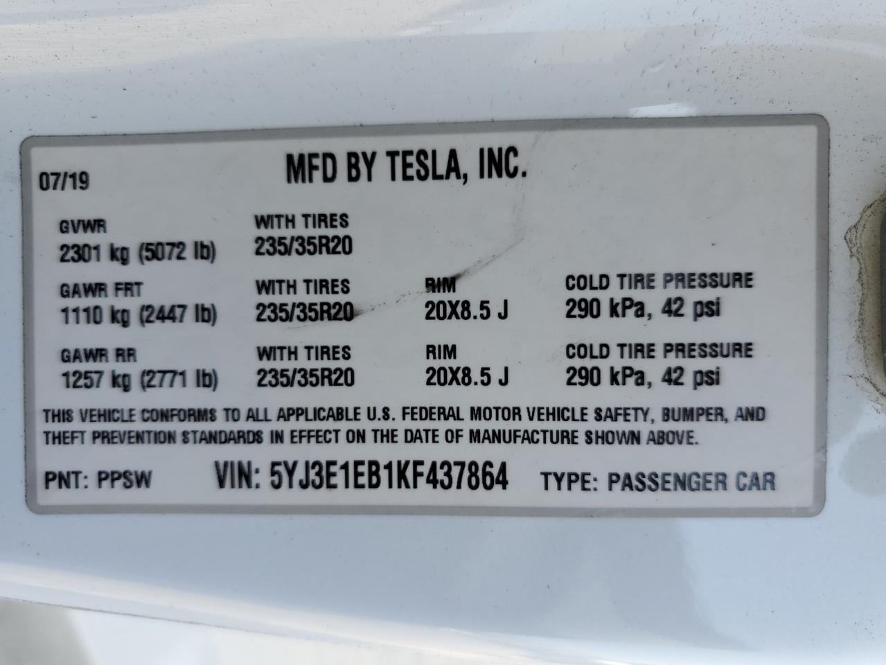 5YJ3E1EB1KF437864 2019 Tesla Model 3