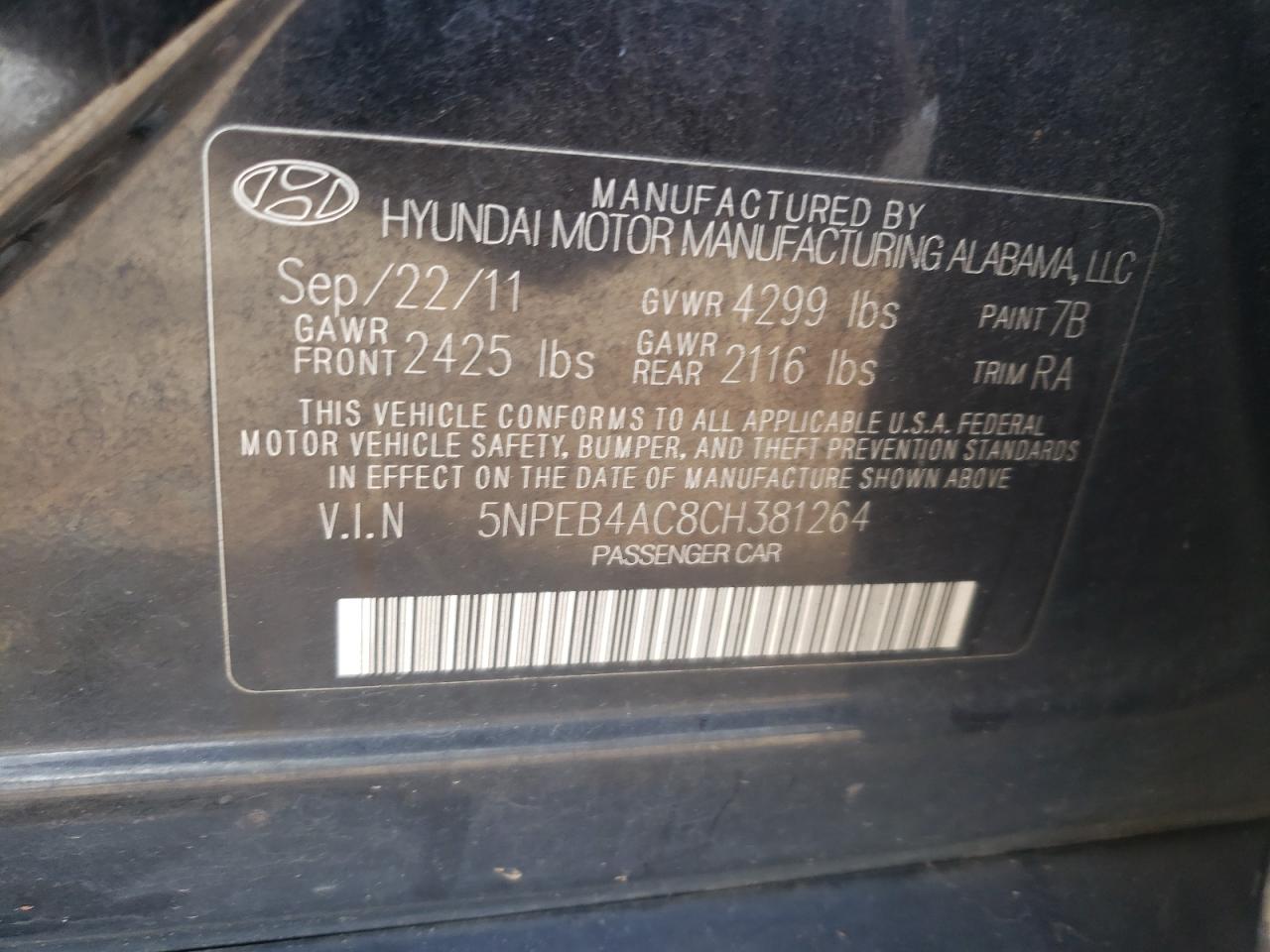 5NPEB4AC8CH381264 2012 Hyundai Sonata Gls