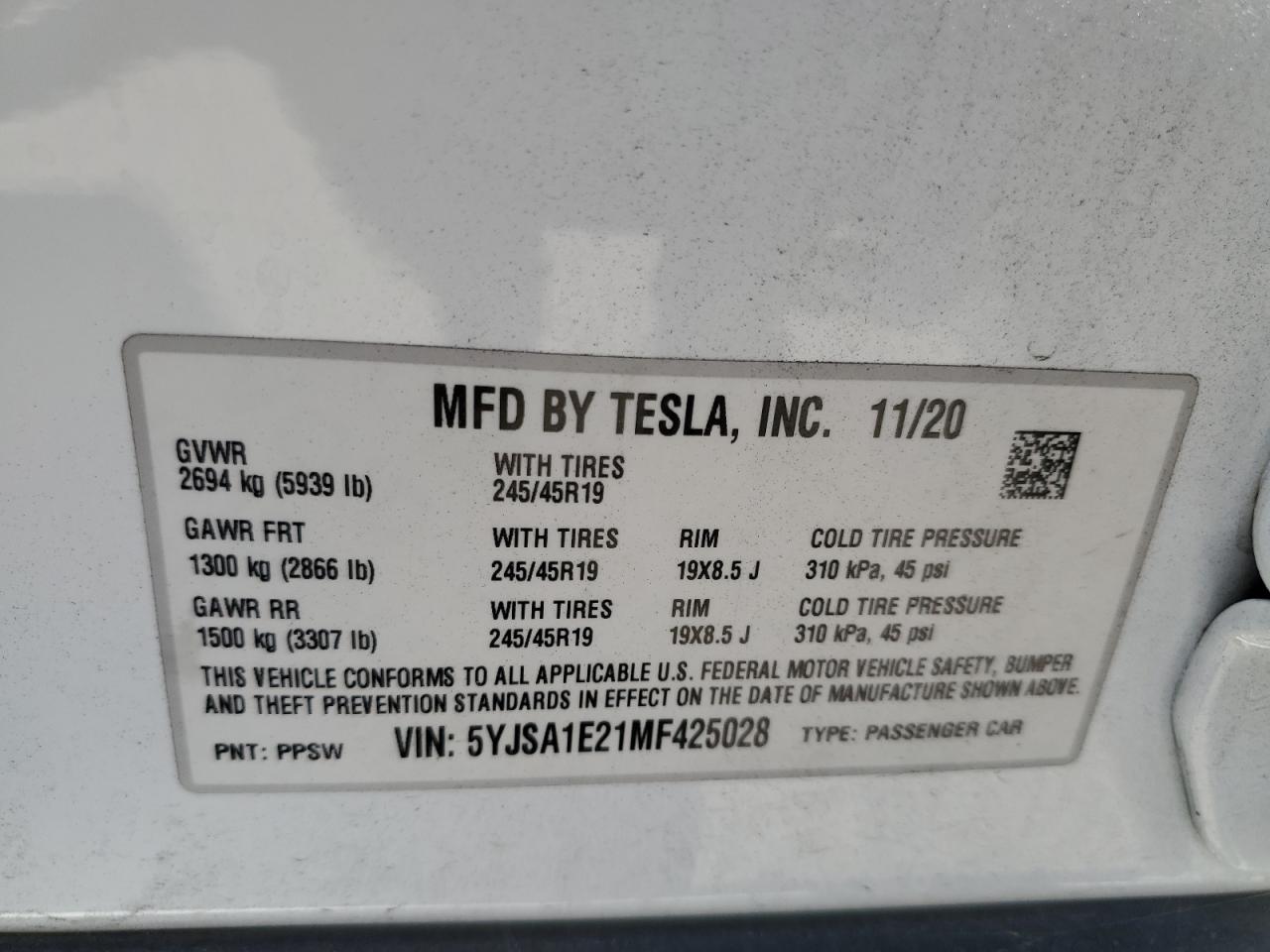 2021 Tesla Model S VIN: 5YJSA1E21MF425028 Lot: 68899724