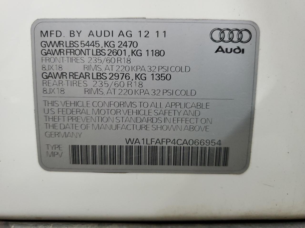 2012 Audi Q5 Premium Plus VIN: WA1LFAFP4CA066954 Lot: 70059804