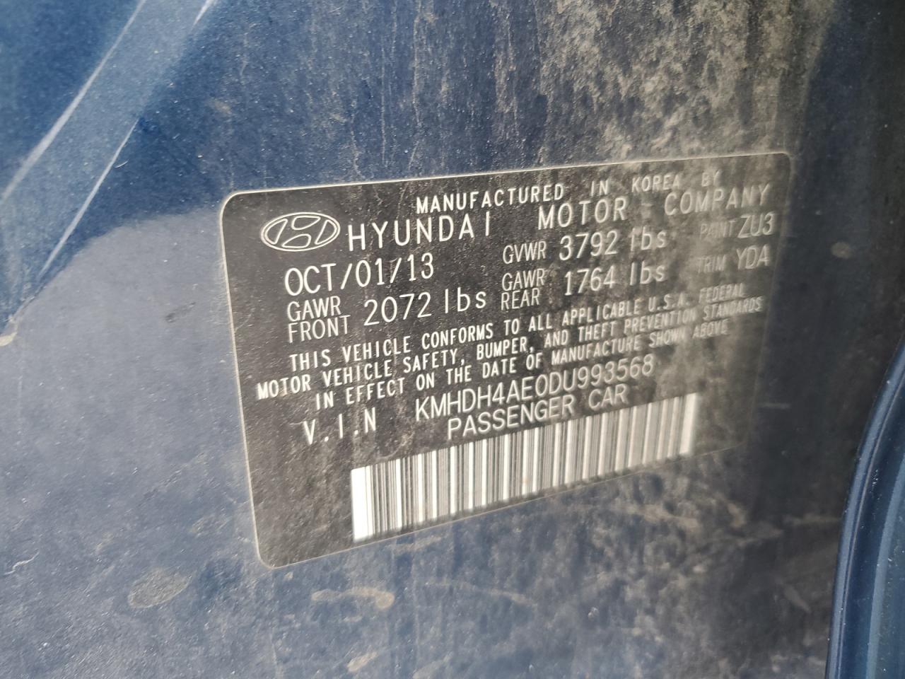 KMHDH4AE0DU993568 2013 Hyundai Elantra Gls