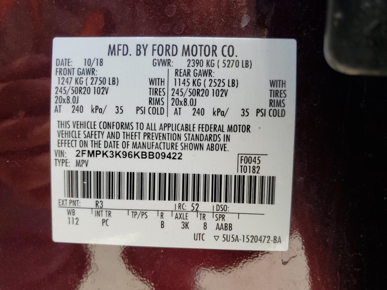 2FMPK3K96KBB09422 2019 Ford Edge Titanium