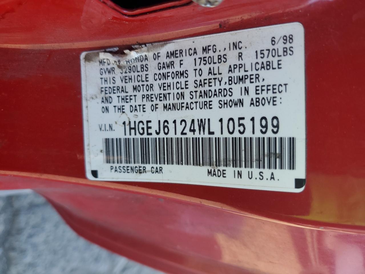 1998 Honda Civic Dx VIN: 1HGEJ6124WL105199 Lot: 72459114