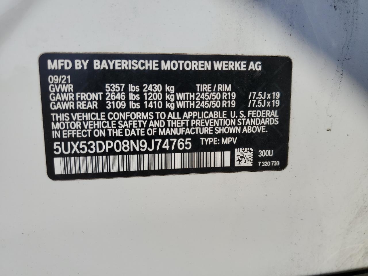 2022 BMW X3 xDrive30I VIN: 5UX53DP08N9J74765 Lot: 69075984