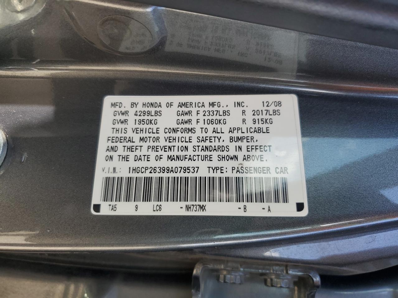 1HGCP26399A079537 2009 Honda Accord Lx