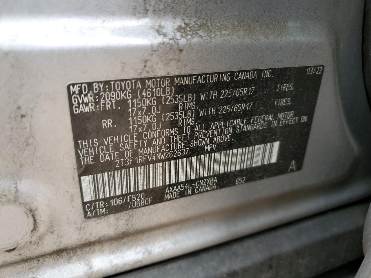 2T3F1RFV4NW262637 2022 Toyota Rav4 Le