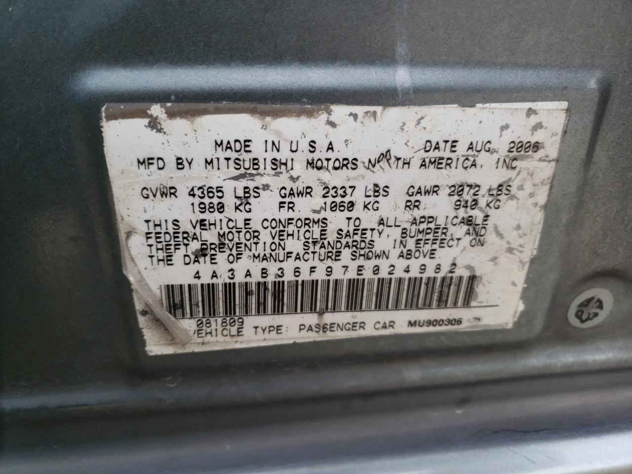 4A3AB36F97E024982 2007 Mitsubishi Galant Es