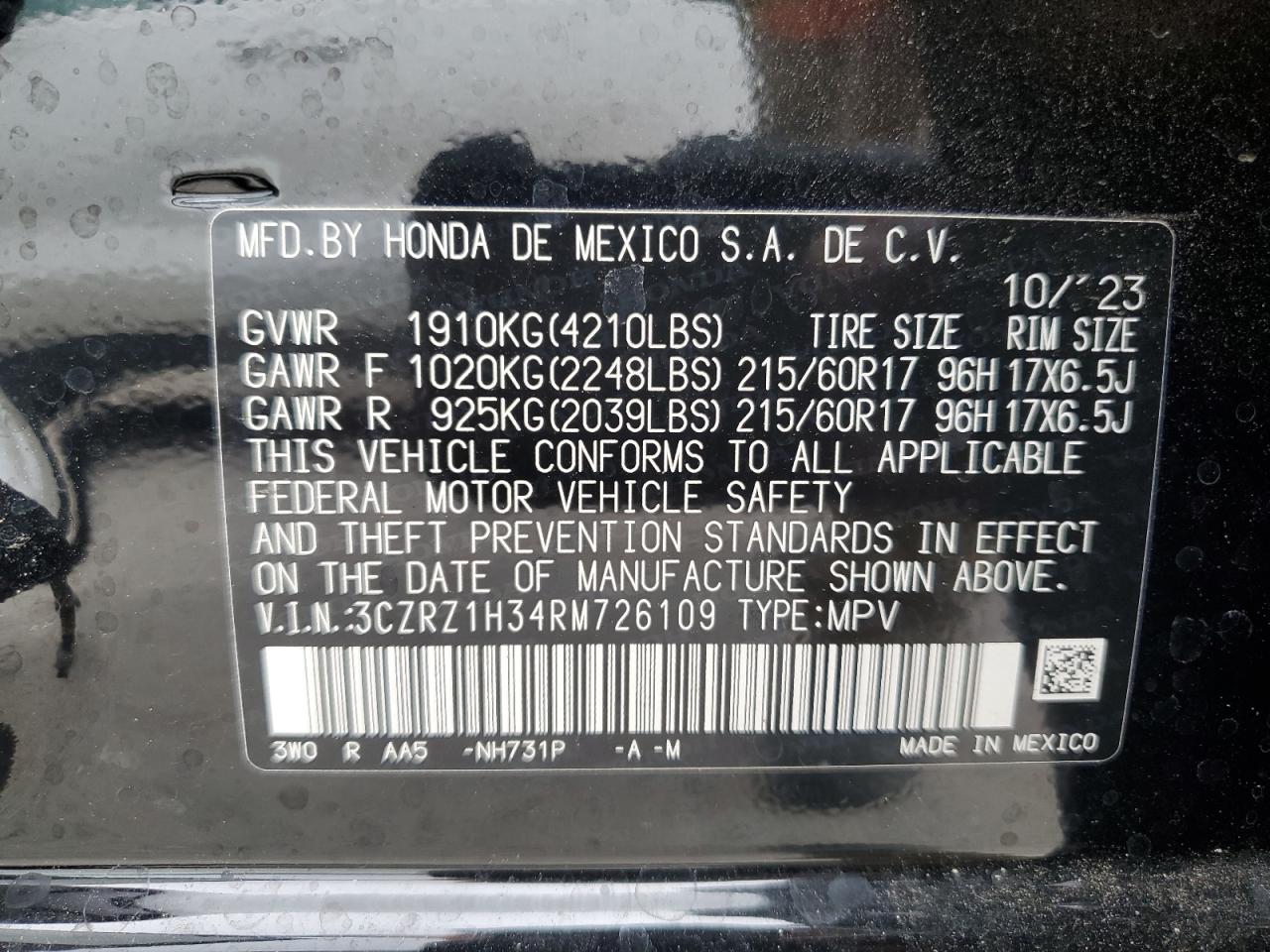 2024 Honda Hr-V Lx VIN: 3CZRZ1H34RM726109 Lot: 71616274