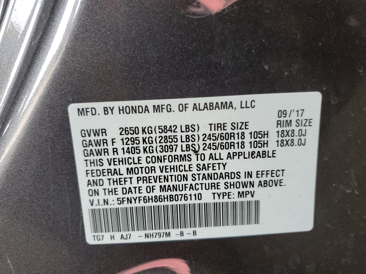 2017 Honda Pilot Exl VIN: 5FNYF6H86HB076110 Lot: 71220534