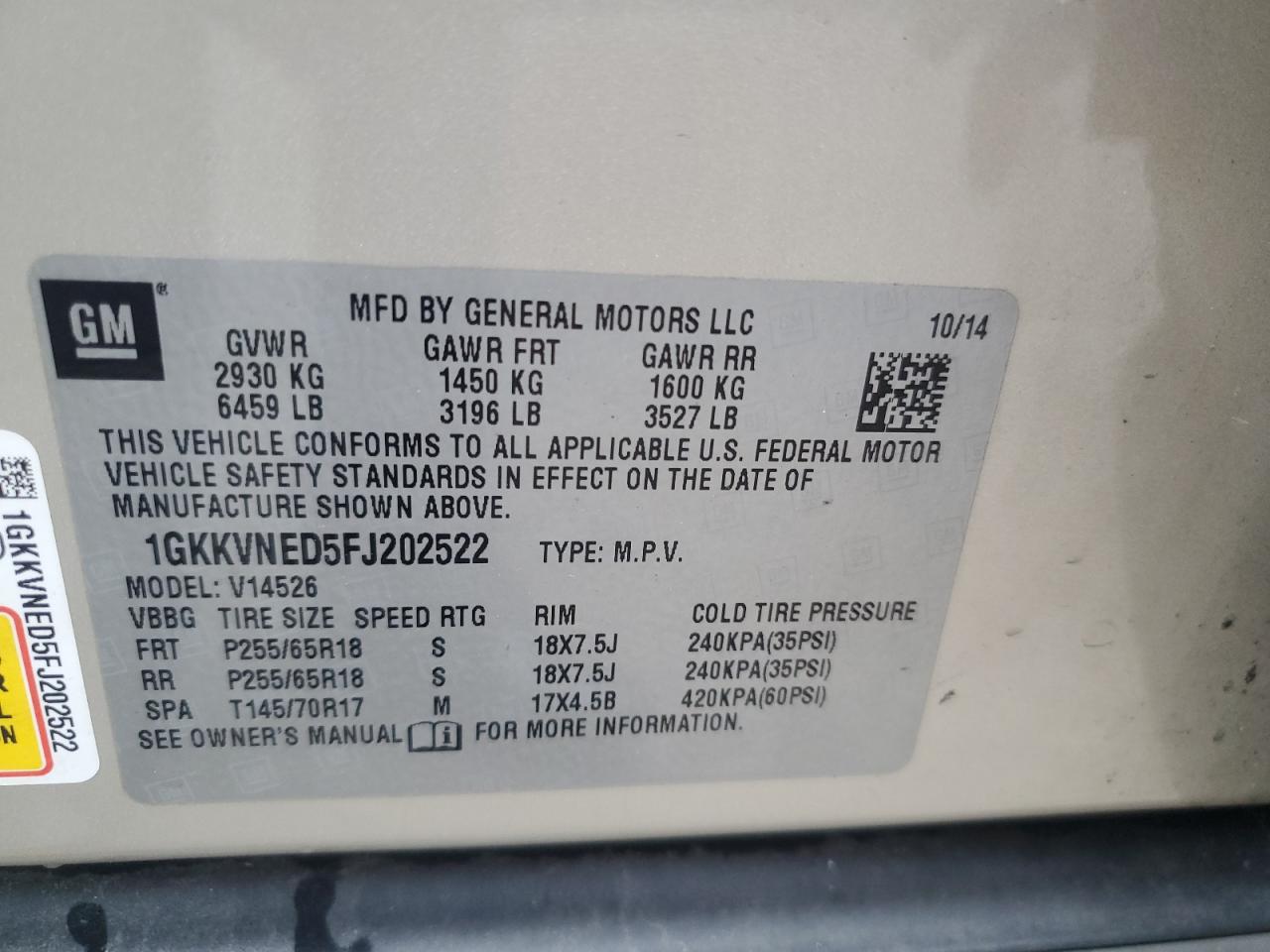 1GKKVNED5FJ202522 2015 GMC Acadia Sle