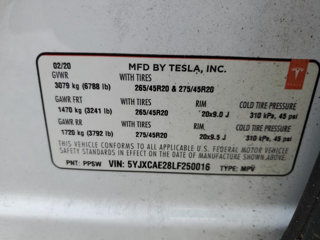 5YJXCAE28LF250016 2020 Tesla Model X