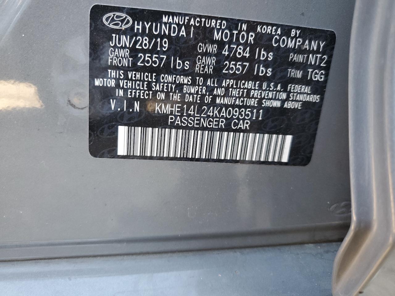 KMHE14L24KA093511 2019 Hyundai Sonata Plug-In Hybrid