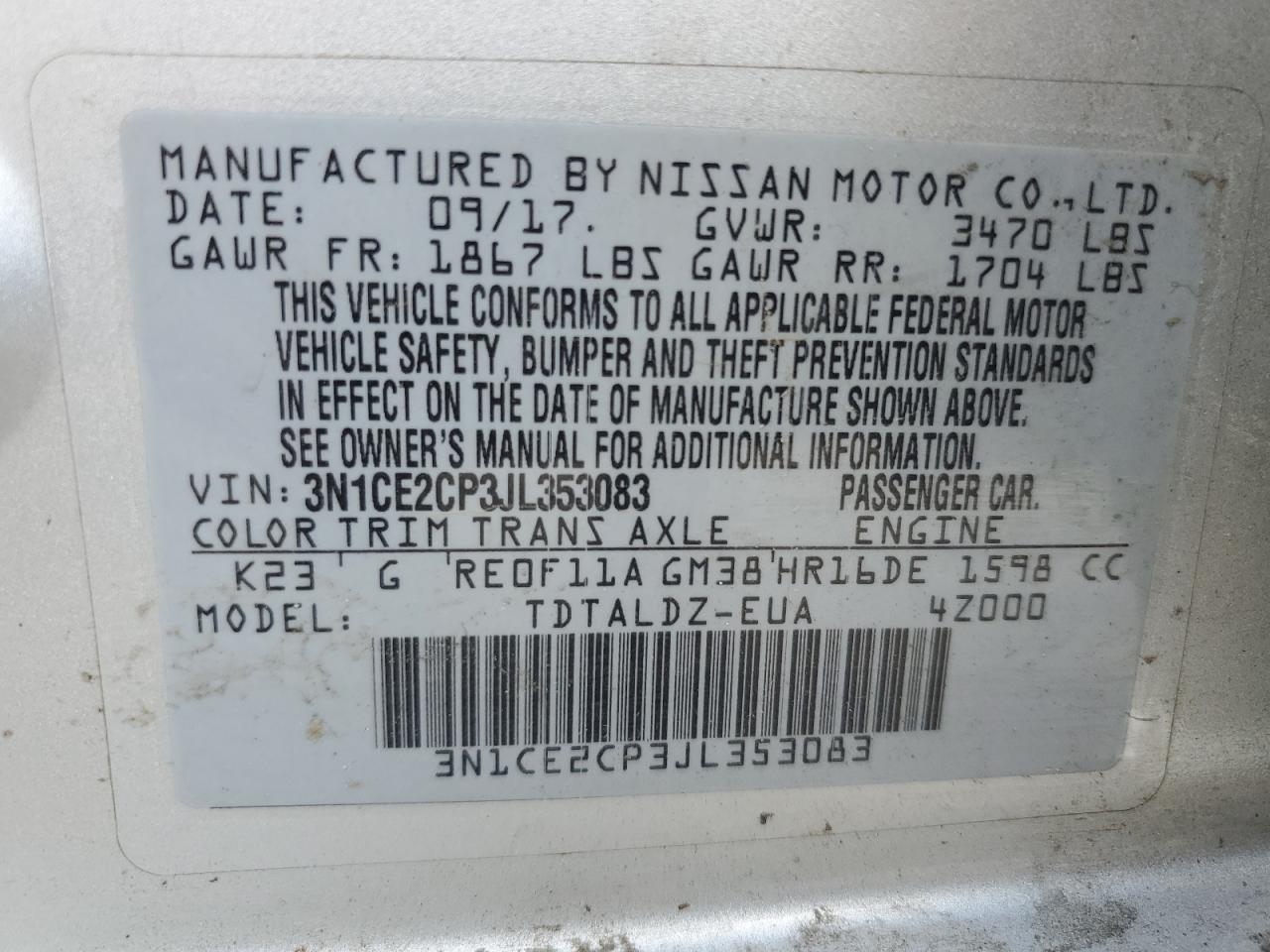 3N1CE2CP3JL353083 2018 Nissan Versa Note S