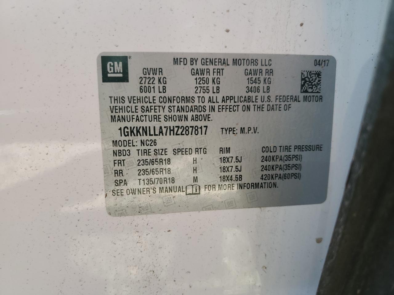 1GKKNLLA7HZ287817 2017 GMC Acadia Sle