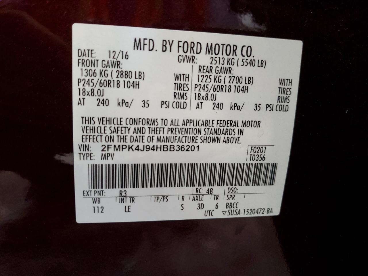 2FMPK4J94HBB36201 2017 Ford Edge Sel