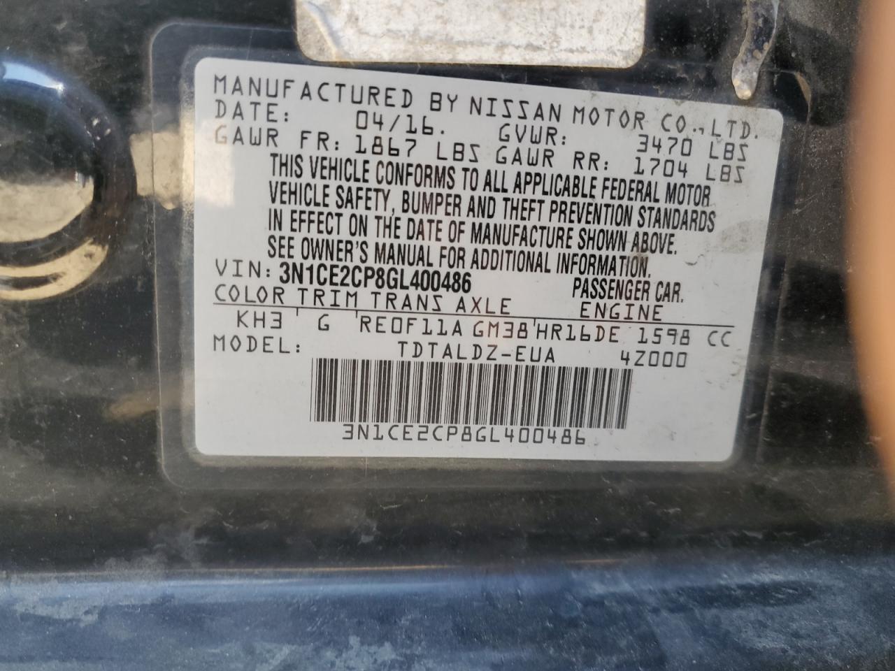 3N1CE2CP8GL400486 2016 Nissan Versa Note S