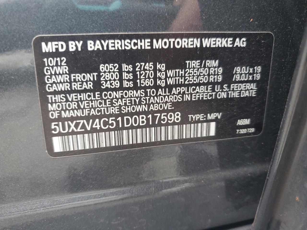 2013 BMW X5 xDrive35I VIN: 5UXZV4C51D0B17598 Lot: 71700464