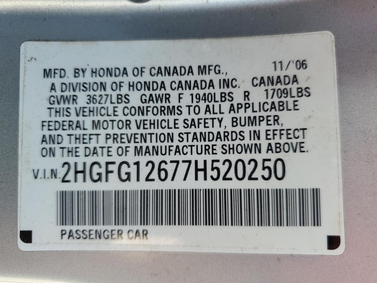 2007 Honda Civic Lx VIN: 2HGFG12677H520250 Lot: 70427044