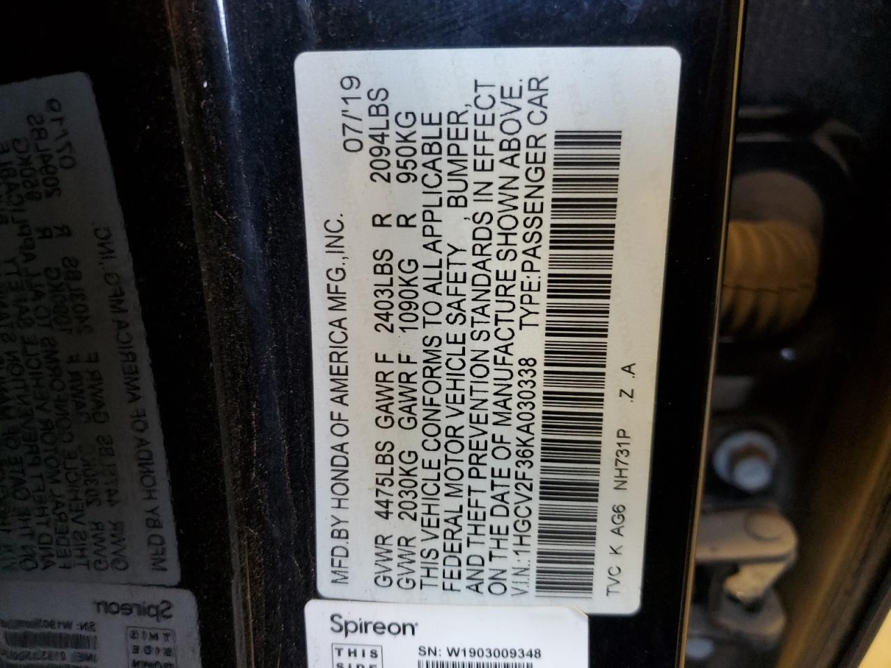 1HGCV2F36KA030338 2019 Honda Accord Sport