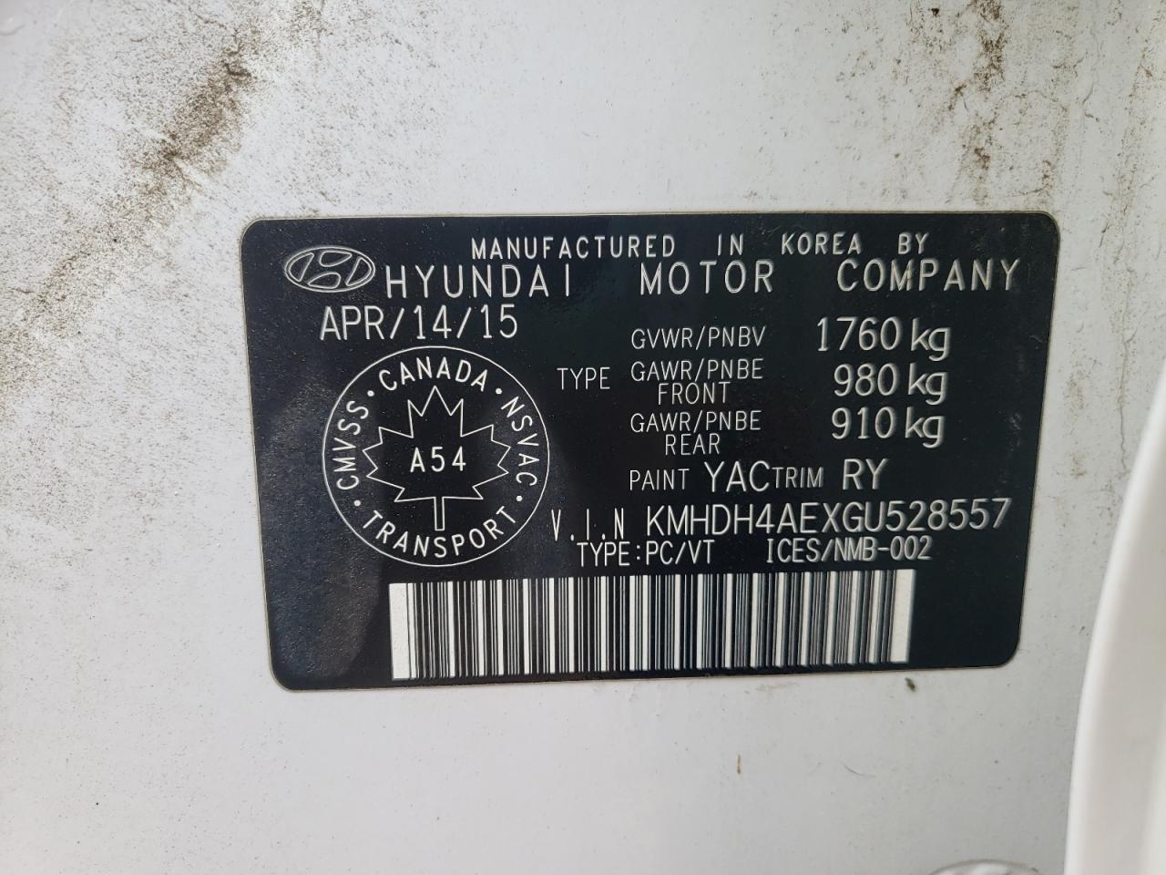 2016 Hyundai Elantra Se VIN: KMHDH4AEXGU528557 Lot: 70502104