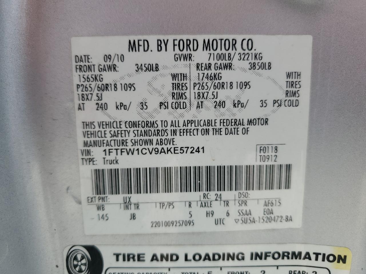 2010 Ford F150 Supercrew VIN: 1FTFW1CV9AKE57241 Lot: 72363814