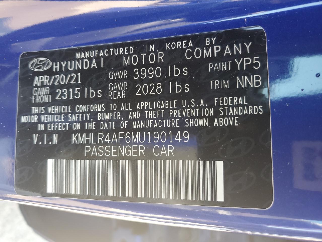 2021 Hyundai Elantra N Line VIN: KMHLR4AF6MU190149 Lot: 71085844