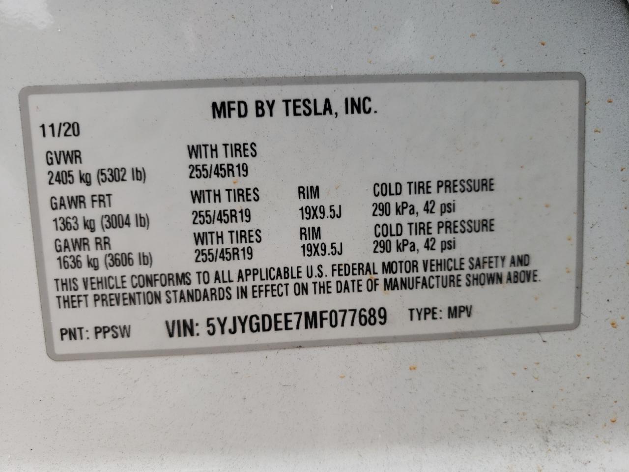 2021 Tesla Model Y VIN: 5YJYGDEE7MF077689 Lot: 72895314