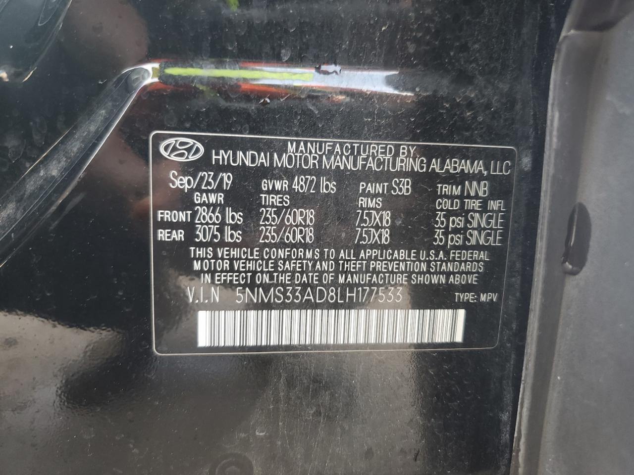 5NMS33AD8LH177533 2020 Hyundai Santa Fe Sel