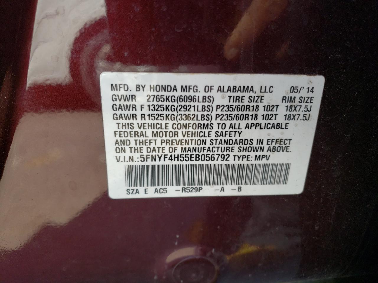 5FNYF4H55EB056792 2014 Honda Pilot Exl