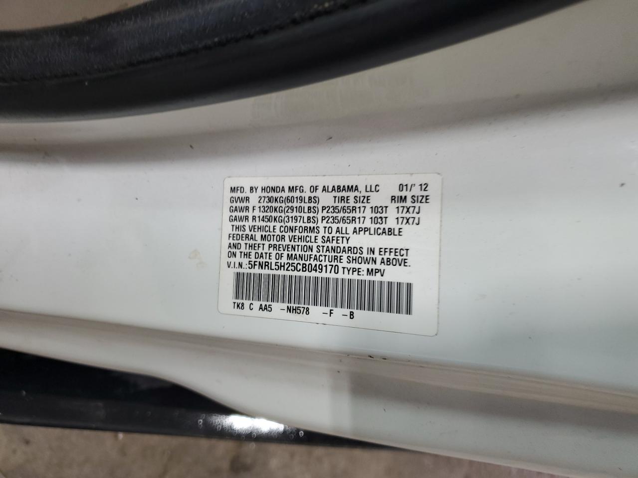 5FNRL5H25CB049170 2012 Honda Odyssey Lx