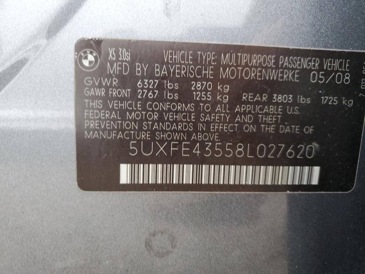 5UXFE43558L027620 2008 BMW X5 3.0I