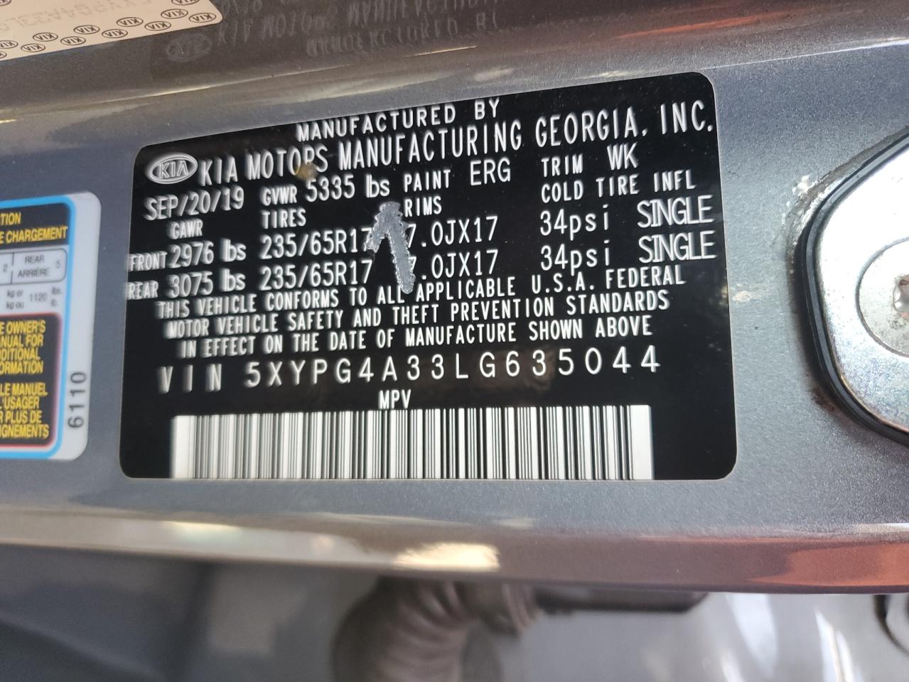 5XYPG4A33LG635044 2020 Kia Sorento L