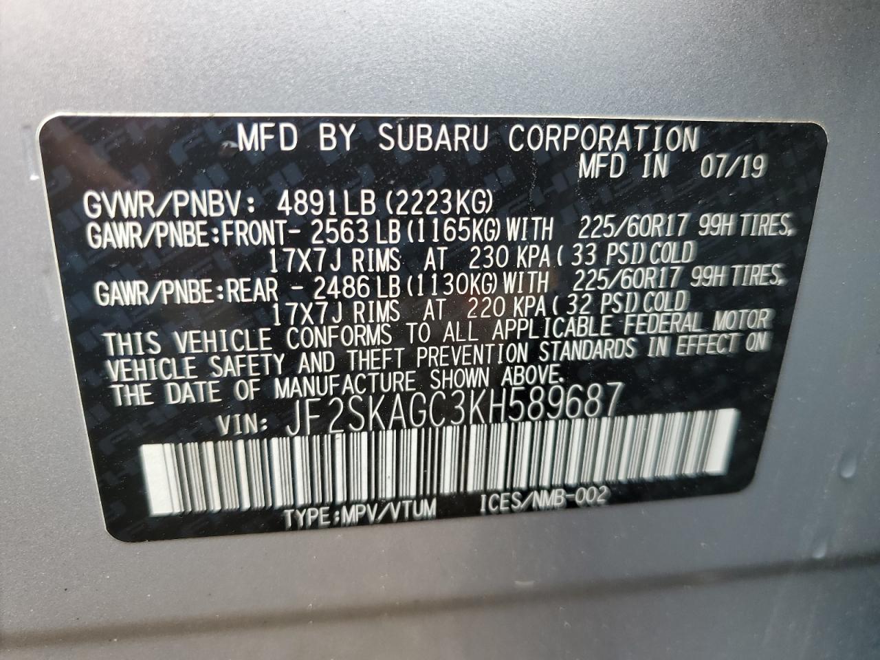 2019 Subaru Forester Premium VIN: JF2SKAGC3KH589687 Lot: 70287414