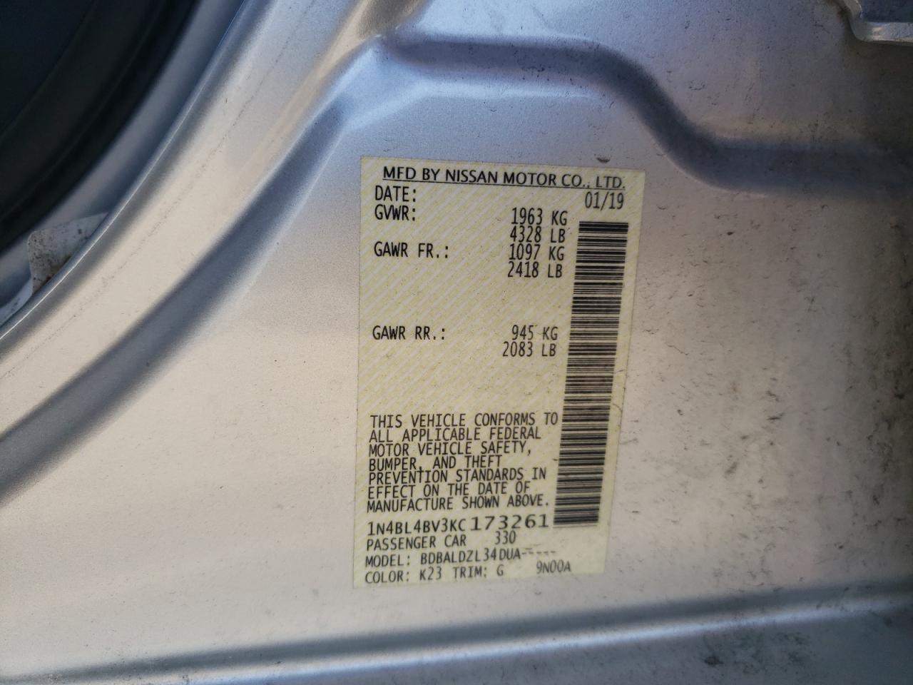 1N4BL4BV3KC173261 2019 Nissan Altima S