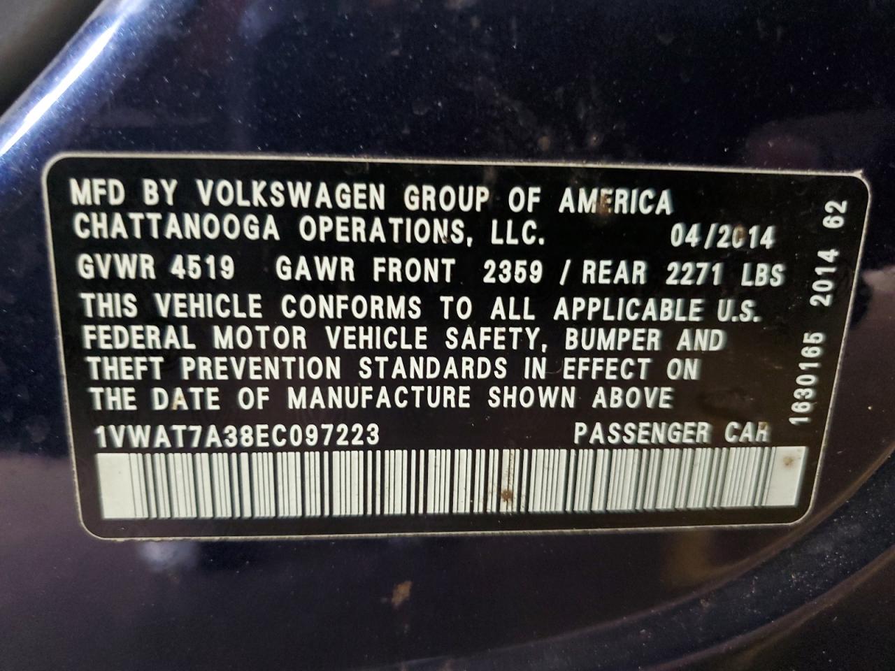 1VWAT7A38EC097223 2014 Volkswagen Passat S