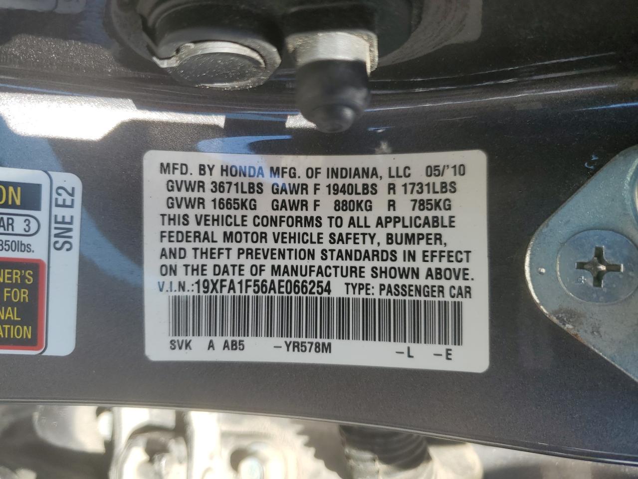 19XFA1F56AE066254 2010 Honda Civic Lx