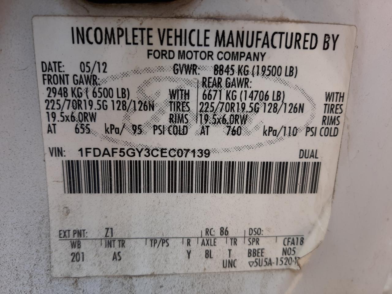 1FDAF5GY3CEC07139 2012 Ford F550 Super Duty