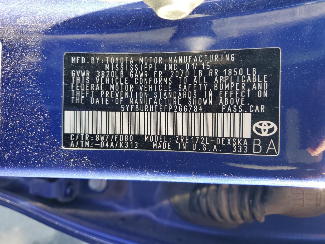 5YFBURHE6FP266784 2015 Toyota Corolla L