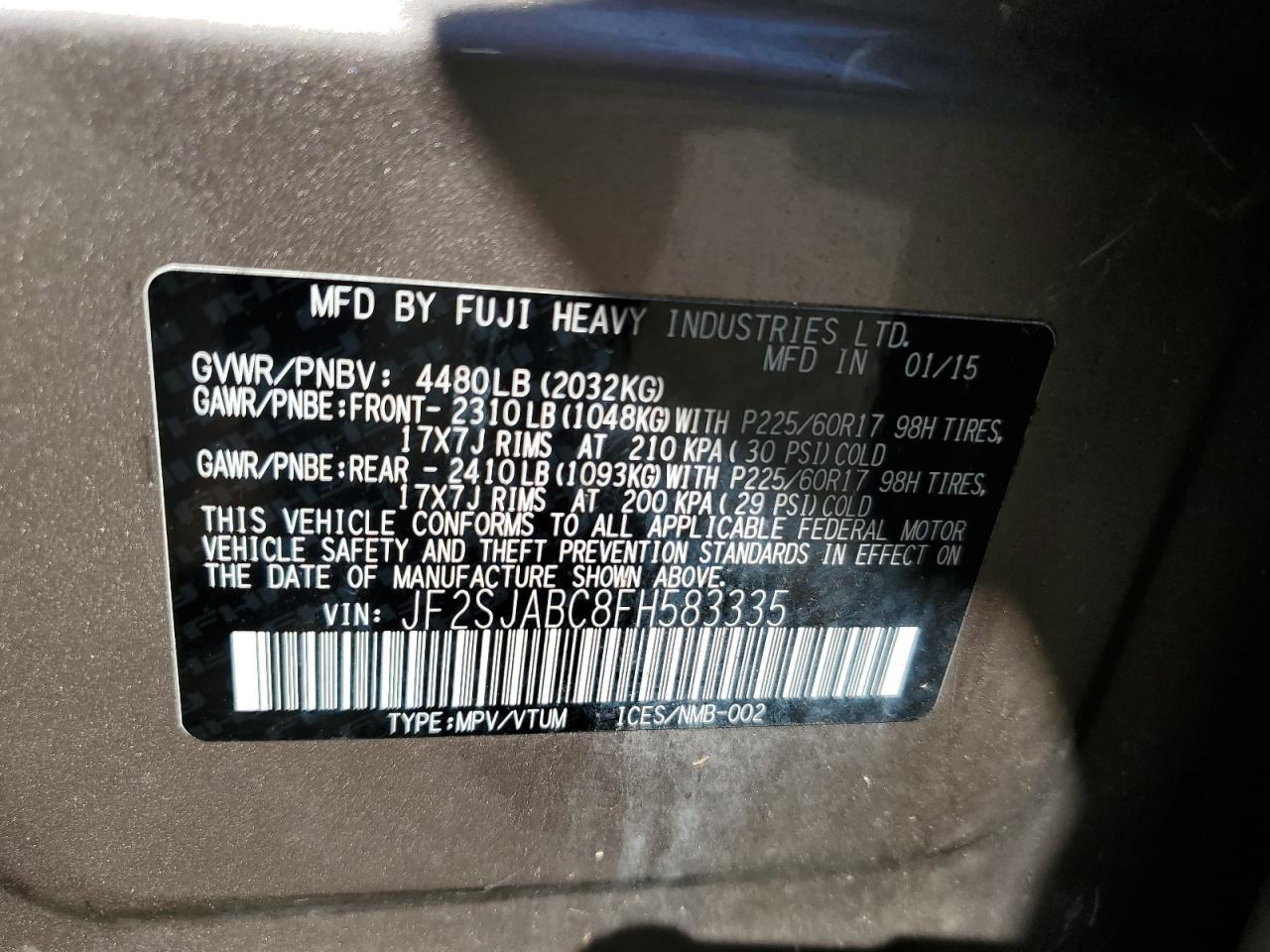 JF2SJABC8FH583335 2015 Subaru Forester 2.5I