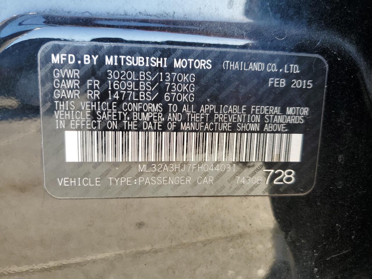 2015 Mitsubishi Mirage De VIN: ML32A3HJ7FH044031 Lot: 73553094