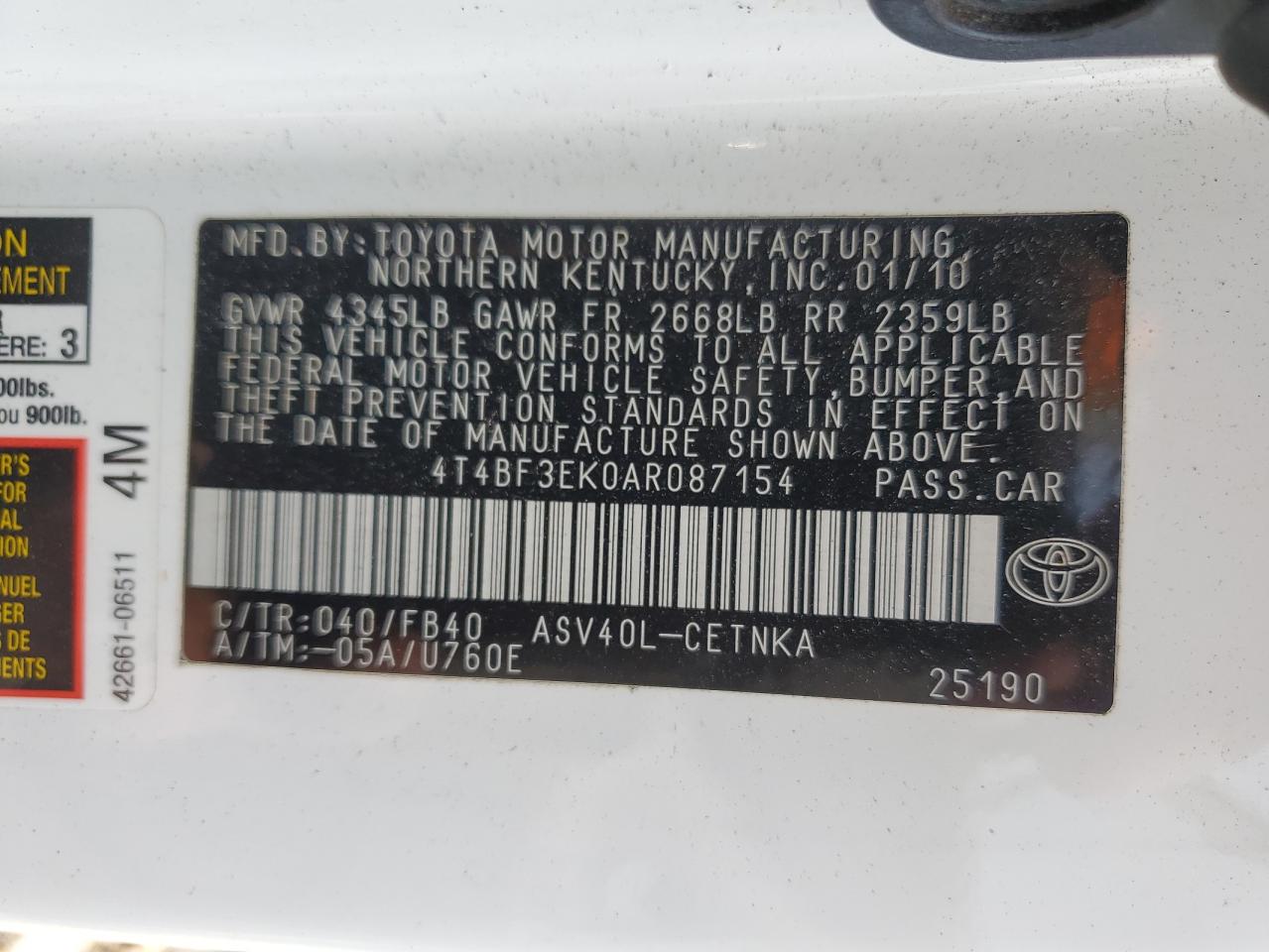 4T4BF3EK0AR087154 2010 Toyota Camry Base