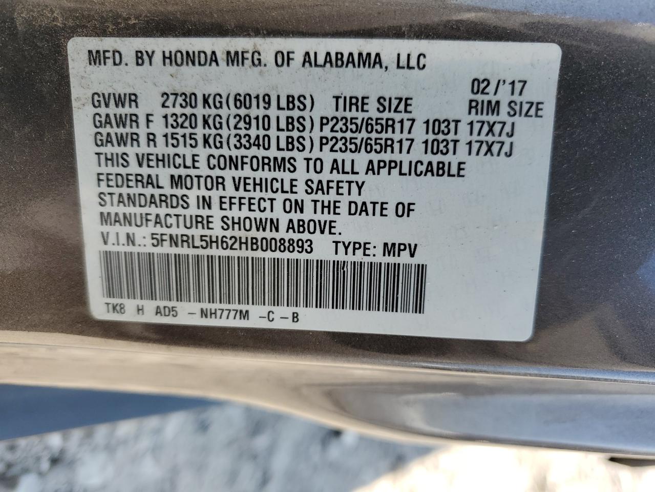 5FNRL5H62HB008893 2017 Honda Odyssey Exl