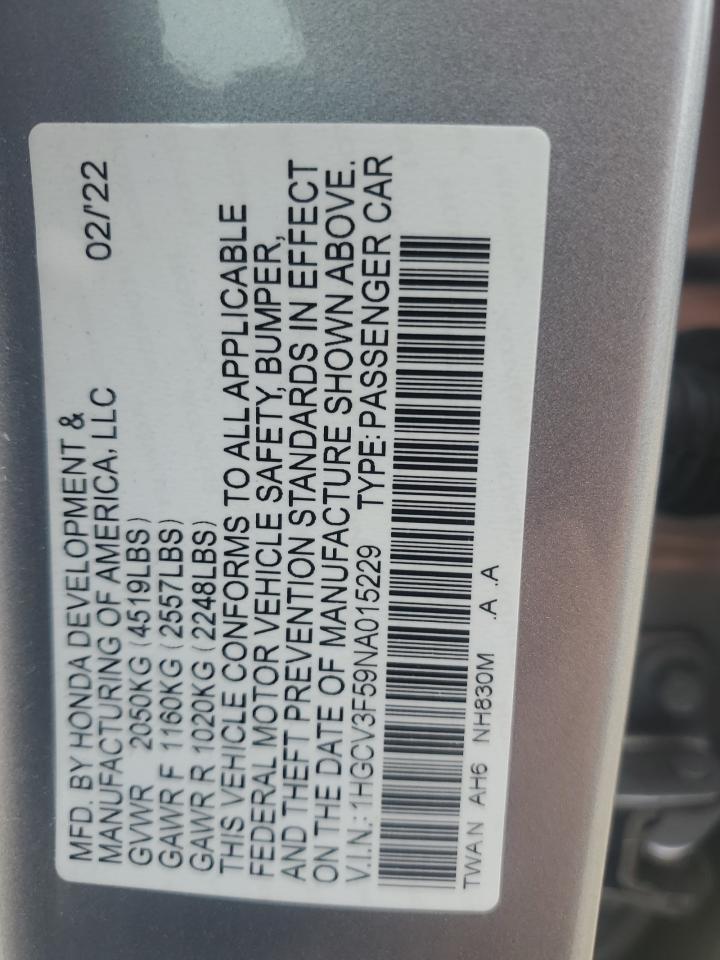 1HGCV3F59NA015229 2022 Honda Accord Hybrid Exl