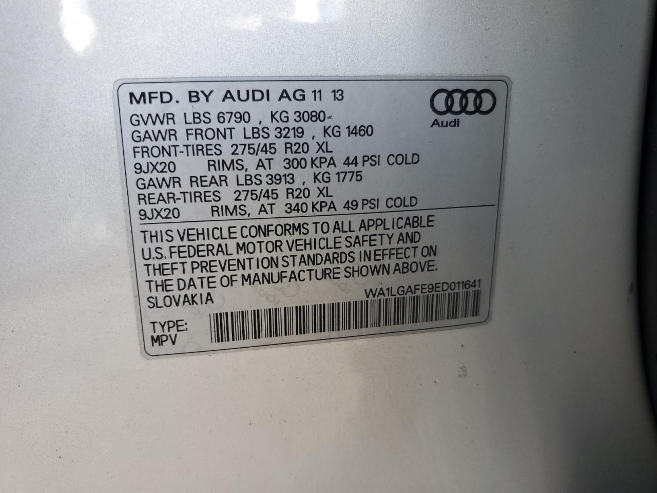 2014 Audi Q7 Premium Plus VIN: WA1LGAFE9ED011641 Lot: 73724694