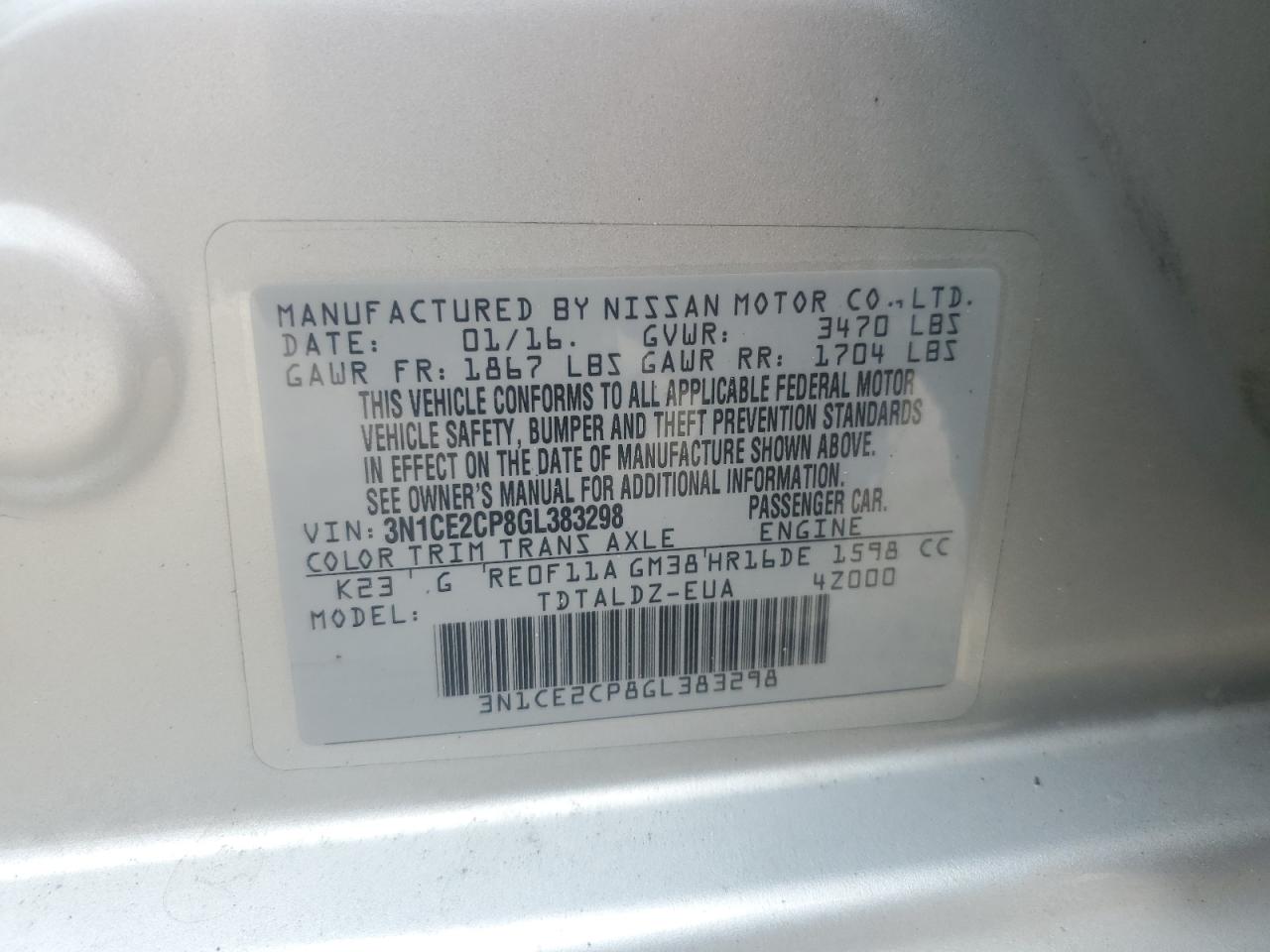 3N1CE2CP8GL383298 2016 Nissan Versa Note S